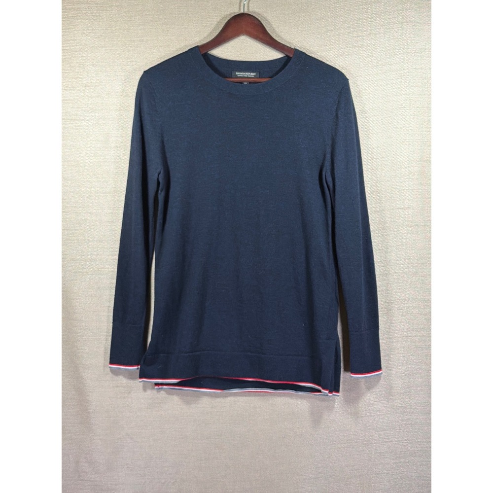Banana Republic‎ Sweater Men's M Navy Merino Wool Tipped Crew Neck Pullover